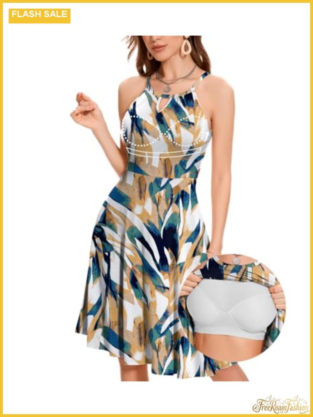 Built in Bra Halter Midi Sundress with Pockets Flowy Women's Summer Dress
